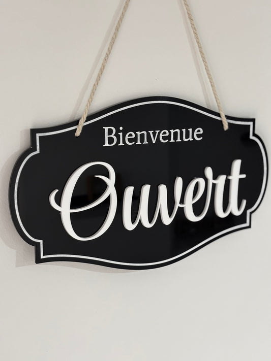 Panneau Bienvenue Ouvert – Plaque signalétique boutique en acrylique noir et blanc – 25 × 15 cm