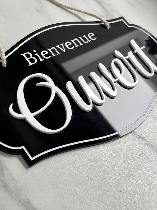 Panneau Bienvenue Ouvert – Plaque signalétique boutique en acrylique noir et blanc – 25 × 15 cm