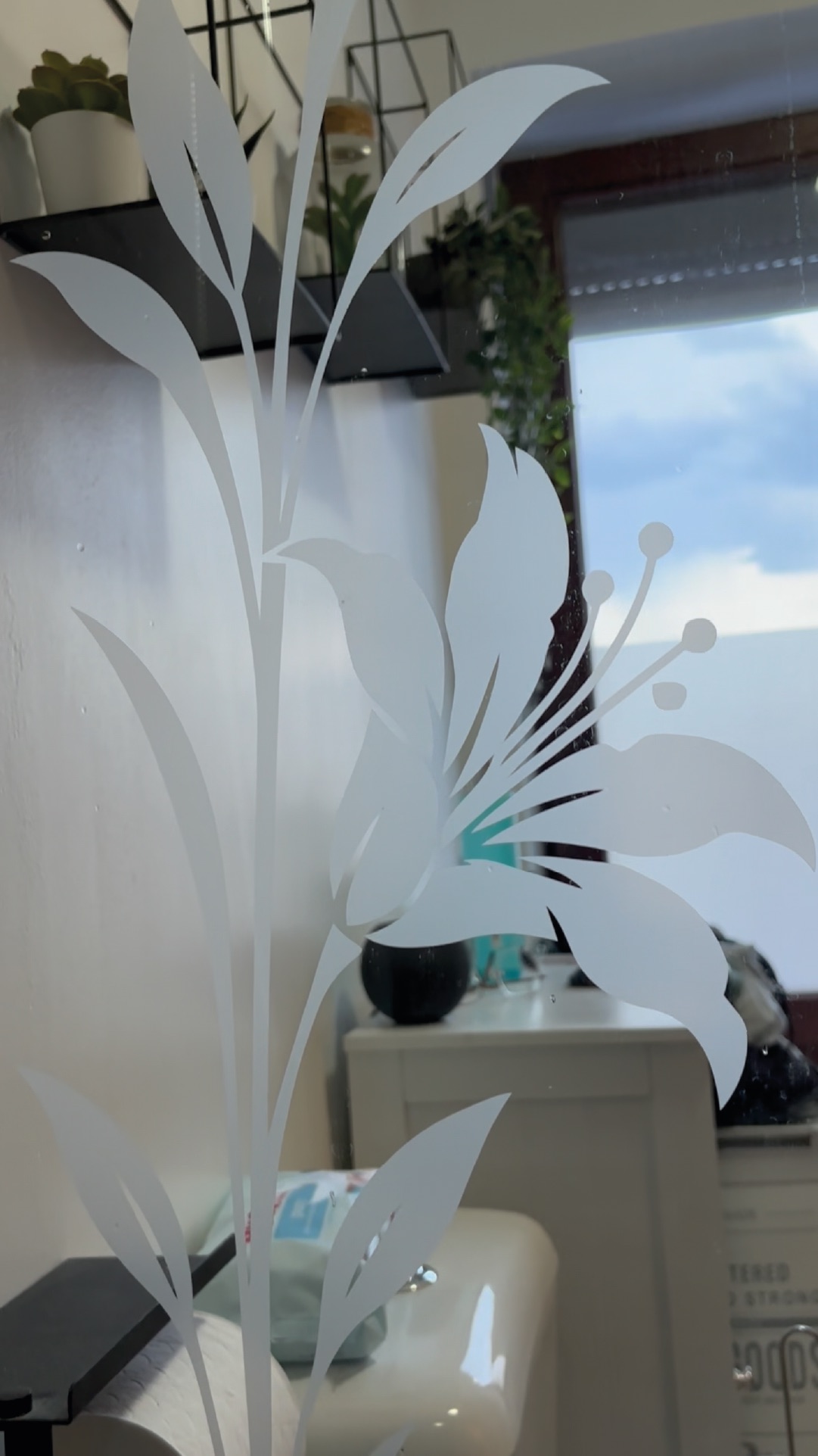 Film dépoli floral appliqué sur une surface vitrée