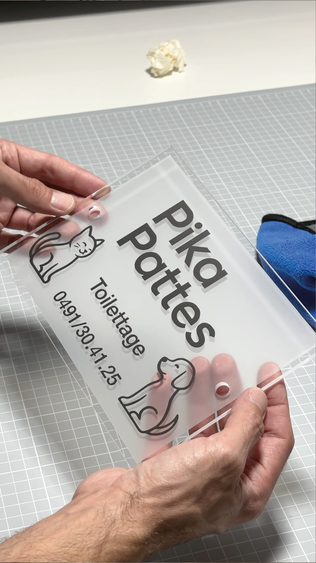 Plaque professionnelle transparente Pika Pattes avec lettrage noir